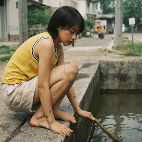 Elementary school girl,Hairstyle with visible ears,dirty yellow tank top, Snapshot, rough skin,Dirty Skin,I'm in an urban irrigation canal surrounded by concrete,I'm fishing for trash,Residential Street, taken from the side,Exhausted,dirty white jersey sho...