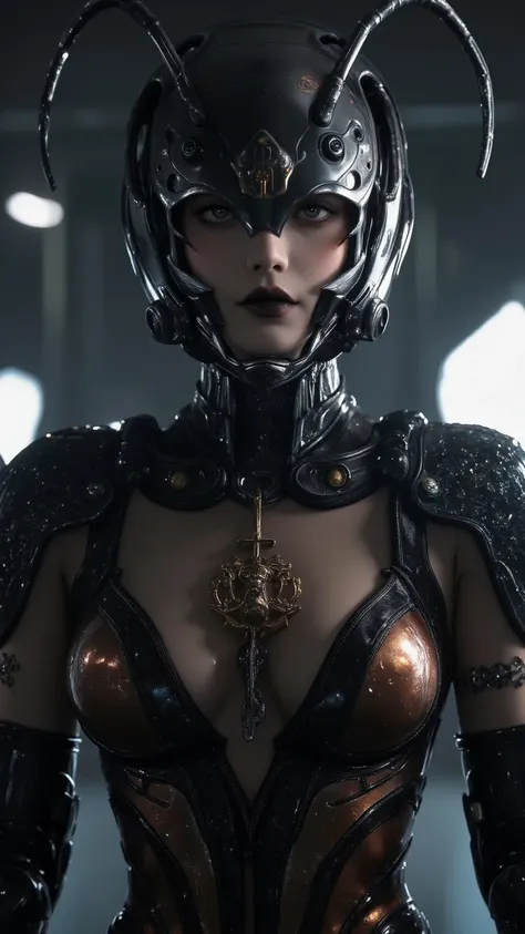 Cinematic portrait of the Japanese actress playing the special effects villain of a biomechanical queen ant. A sleek black exoskeleton bodysuit in a dark brown metallic hue. Segmented armor plates accentuate her feminine silhouette. The helmet design incor...