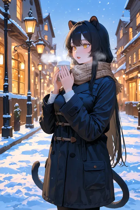  1 girl,  Black Panther Girl,  golden eyes,  black hair ,  very long hair , straight hair, No pony,  medium breasts, curvaceous, Cool,  beautiful,  black panther ears , Tierohren, tail,  long sleeves,  black coat , warm clothes,  Alone in a City , wintery ...