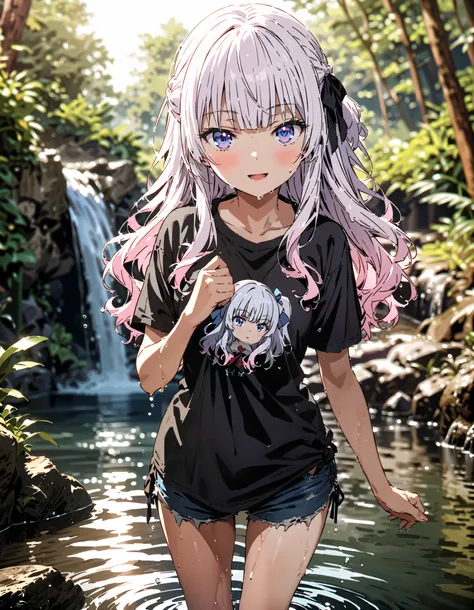  Alice Sakayanagi  ,  Sakayanagi Alice, Alone, long hair, bangs, 紫色の目, Gray Hair, blunt bangs,smile,blush, open their mouths,Oversized black t-shirt,The hem of the shirt is tied, belly button out, denim micro shorts ,Bare legs, wet skin,Wet clothes, wet ha...