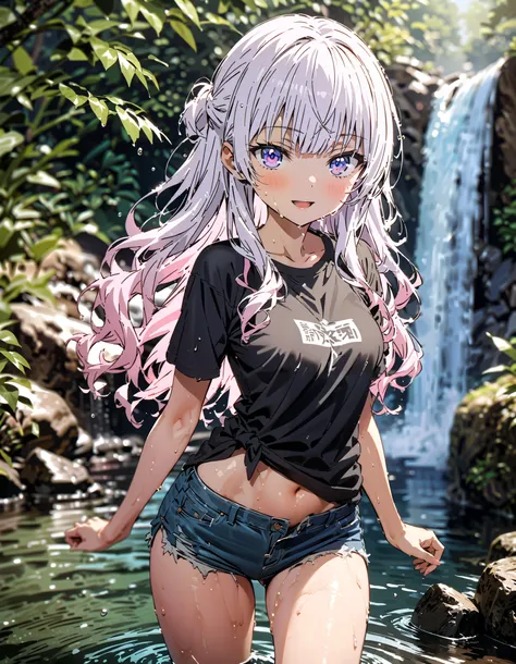  Alice Sakayanagi  ,  Sakayanagi Alice, Alone, long hair, bangs, 紫色の目, Gray Hair, blunt bangs,smile,blush, open their mouths,Oversized black t-shirt,The hem of the shirt is tied, belly button out, denim micro shorts ,Bare legs, wet skin,Wet clothes, wet ha...