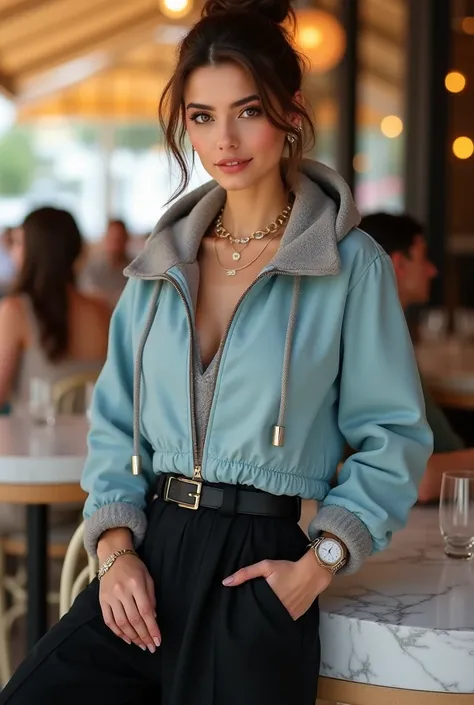 Full body beautiful white very thin skinny medium breasts lebanese woman, 5'7" tall, medium top bun brown hair, deep brown round eyes, layering 2 layers of winter clothes: collared point collar zip up (golden frontal zipper) light blue long sleeves (coveri...