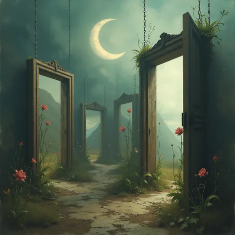 surreal and abstract photo of multiple open old wooden doors, showing a different place inside them, flowers with long stalks are crawling out of the open doors, the doors are standing in a strange desolate place, the mysterious sky is painted and the cres...