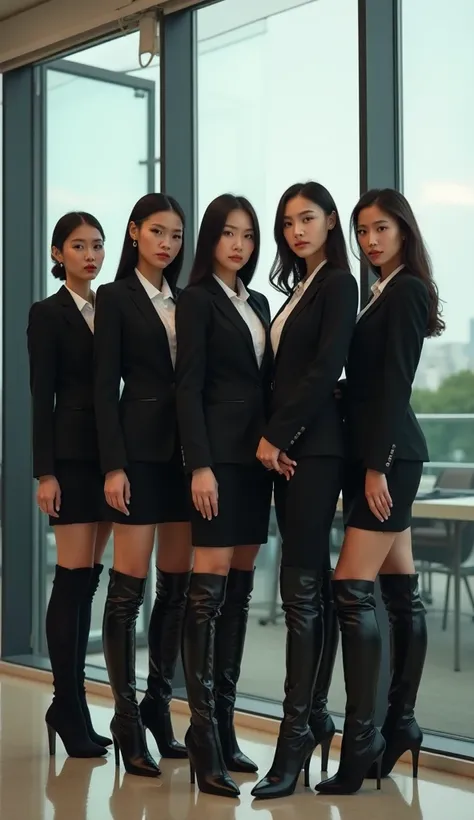 Group of sexy asian secretaries at the office standing near the window. Executive uniform and black over the the knee high heel learher boots