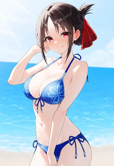  Shinomiya Kaguya、 short hair、bangs、 black hair、 red eyes、 hair bow、 Side Lock、 folded ponytail 、分けたbangs、(1girl bikini ocean watersplash bubble）best quality ( best quality )、(Nonsense)、( very detailed)、( very beautiful way to hold ) information best quali...