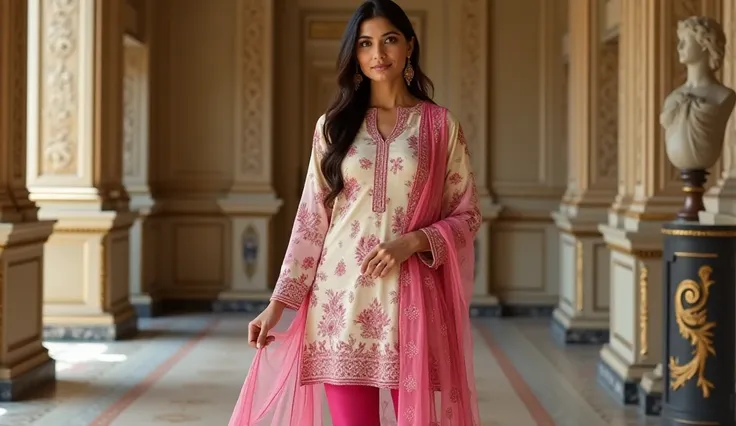 "A woman wearing a traditional South Asian churidar suit with intricate embroidery. The outfit features a combination of off-white fabric with pink floral designs and magenta accents, paired with matching magenta leggings and a flowing dupatta. She is stan...