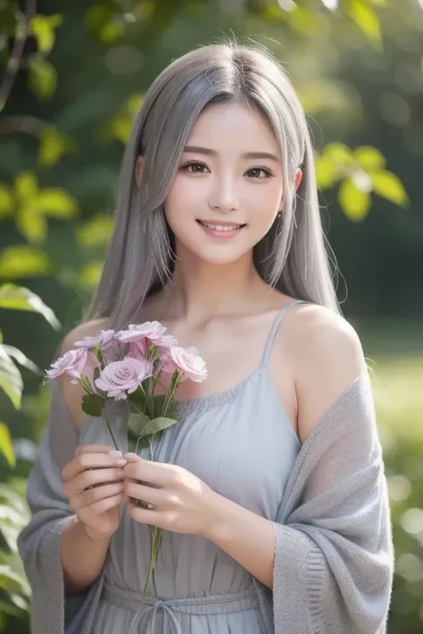 Masterpiece,  best quality ,  1 GIRL, Gray Hair,  smiles,  stare at viewers, adult, Fully Matured,  holding flower