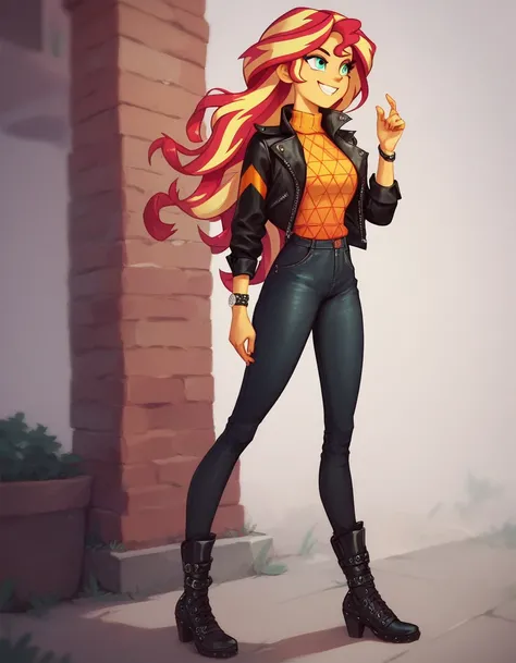 sunset shimmer, girl with smile, hair, slim black sweater, leather zipper jacket, pants, boots.