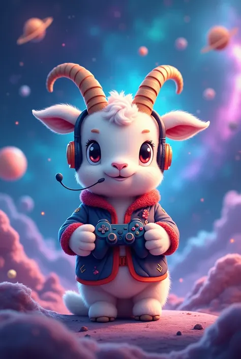 A high-quality wallpaper with the goat character styled as a Gamed. The goat should have cute, fluffy features and be dressed as a Gamer, with gamer equipment and gamer outfit. The Overall style should be fun, whimsical, and cosmic. The background should f...