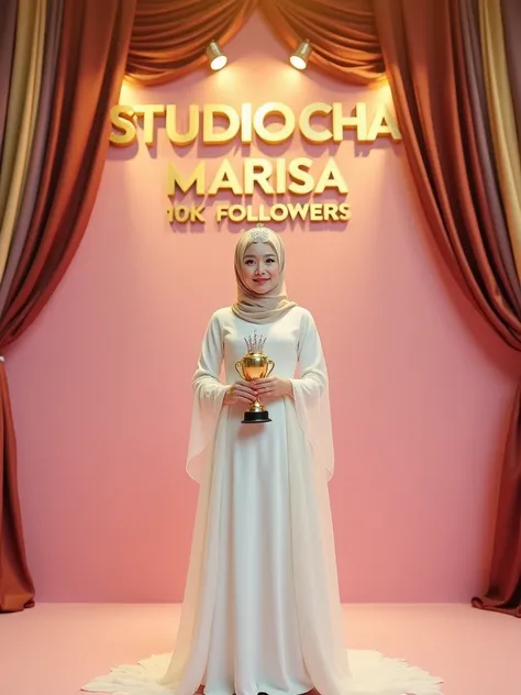 The image depicts a grand stage with a luxurious pink backdrop. The text "STUDIO CHA" stands out prominently in shiny gold raised letters, followed by "MARISA 10K FOLLOWERS" and a clearly visible Facebook logo below. The stage is adorned with elegant, mult...