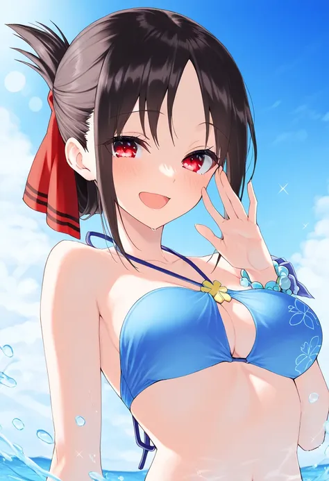  Shinomiya Kaguya、 short hair、bangs、 black hair、 red eyes、 hair bow、 Side Lock、 folded ponytail 、分けたbangs、(1girl bikini ocean watersplash bubble）best quality ( best quality )、(Nonsense)、( very detailed)、( very beautiful way to hold ) information best quali...