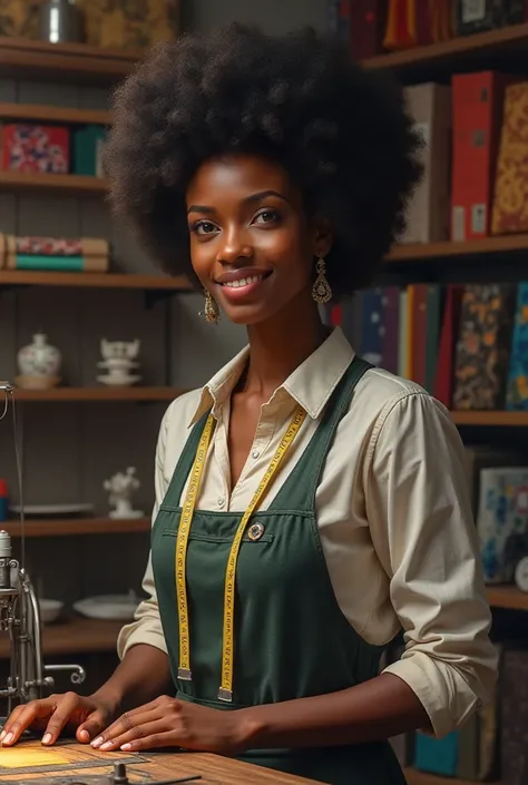 A black female tailor with a measuring tape around her neck