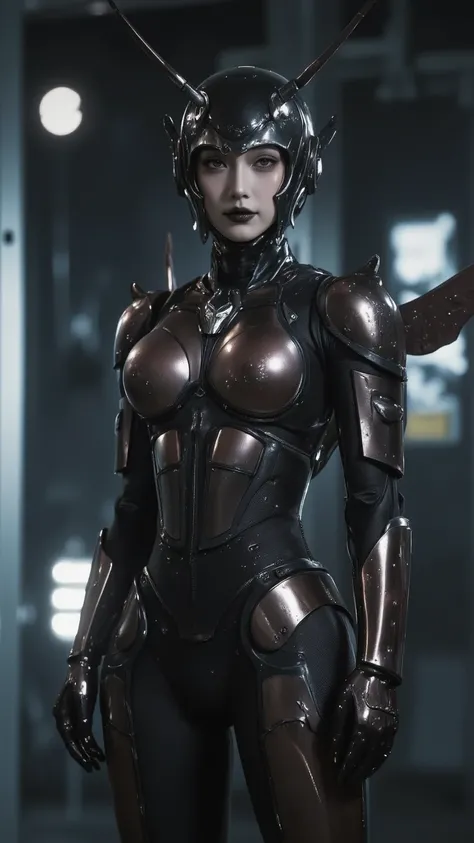 Cinematic portrait of the Japanese actress playing the special effects villain of a biomechanical queen ant. A sleek black exoskeleton bodysuit in a dark brown metallic hue. Segmented armor plates accentuate her feminine silhouette. The helmet design incor...