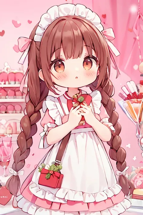 (3d)， lori， 1 girl, solo, (( Extra Long Braids))，(bangs)，((Red Brown Hair))，((Big brown eyes))，((((white and pink apron dress))))，(((( Valentine's Day ))))