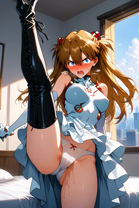 asuka_langley,1 female,solo,looking at the scenery,
high kick,very angry,drunk,incontinence,
large breast,
I_,wet brown hair,viewer,blue eyes,long hair,hair between the eyes,beautiful eyes,more detailed hair,

lace up boots,thigh-high boots,Japanese layere...