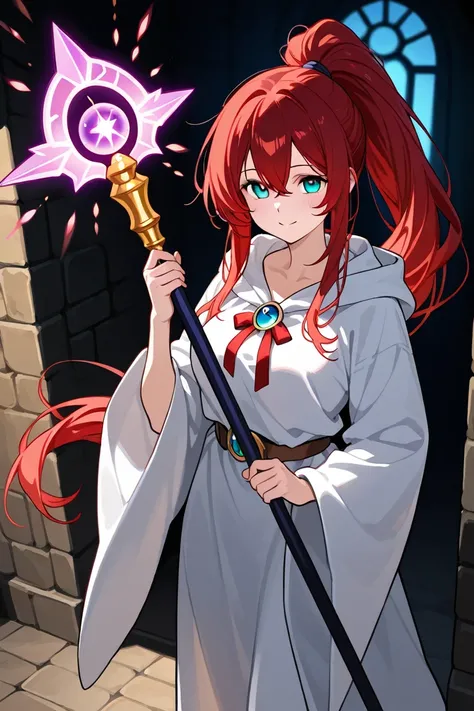 A female magician with red hair tied in a ponytail, standing at the entrance of a dungeon. She is dressed in a white robe, holding a glowing staff, with the dark, ominous dungeon behind her and faint magical energy emanating around her."