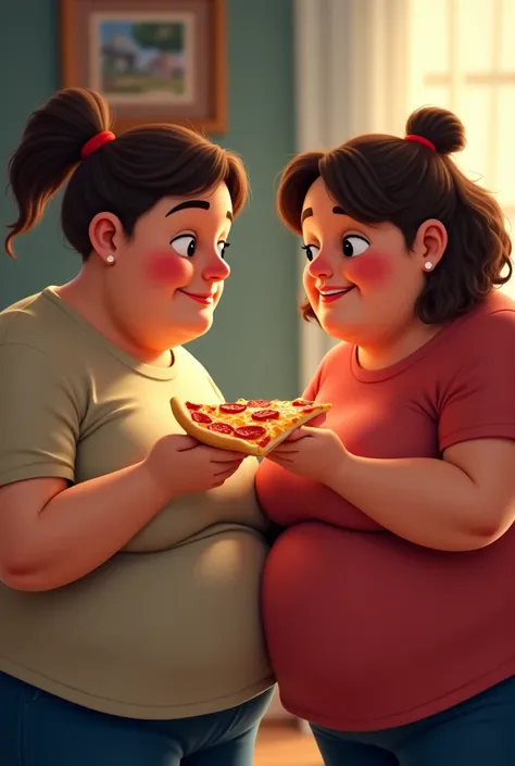 An obese girl offered her fat friend a slice of pizza