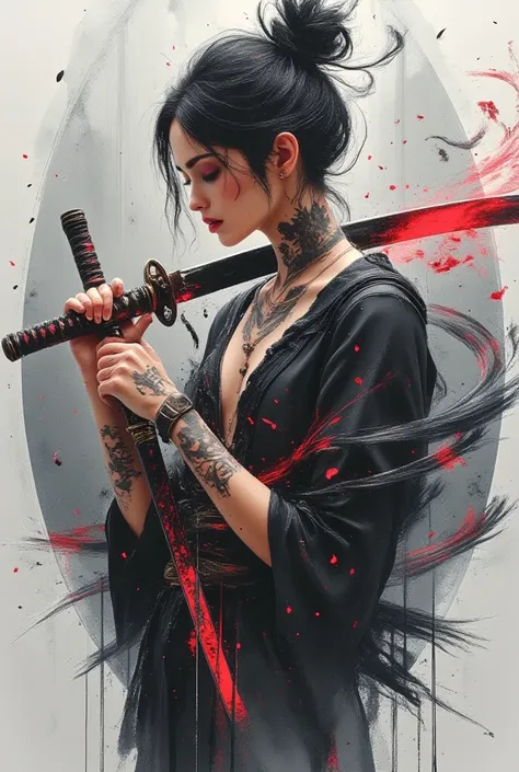 fusion of watercolors and oil paintings, mix of monochrome and color, black ink, a sexy woman with a focused expression, holding a katana. Her hair is styled  in a messy bun, and she has light skin with freckles. She is wearing only a dark, revealing ( nsf...