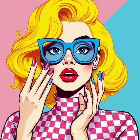 A illustration of pop art of a stylish woman. oversized yellow hair, blue glasses, colorful nails, and expressive face, use a color of pink, yellow, and blue, with a checkered pattern on her outfit.The style is modern , playful,retro ,and aesthetic