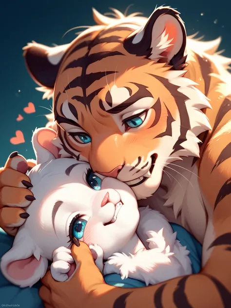 furry petit tiger couple , sweetie , First Love , (Gently Bite the cheek) , euphoria , heart is beating fast , soft light