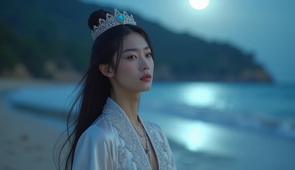 walking on the beach, Korean actor Cha Eun Woo in a majestic white satin outfit adorned with intricate silver embroidery, exuding elegance and royalty. He wears a precious stone necklace with a vivid blue jewel that rests gracefully on his chest. A silver ...