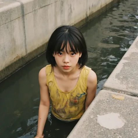 Elementary school girl,Hairstyle with visible ears,dirty yellow tank top, Snapshot, rough skin,Dirty Skin,I'm soaking up to my waist in an urban irrigation canal surrounded by concrete,I'm fishing for trash, taken from the side,Exhausted