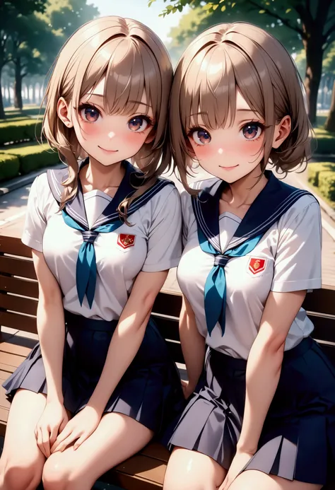 twins. ((School uniform skirt)), Shiny Costumes, (skindentation), break, skinny,, Masterpiece, highest quality, highest quality, 16K, incredibly absurd, highly detailed, 2.5D, ai-generated, delicate and dynamic, very delicate facial expressions, delicate e...