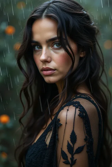 Ana de armas,Closeup,Black flower background,raining,Full length filigree dress flowing in wind,Closeup,Banksy style, Youthful woman  ,3/4 photo,Banksy style,Close up,mixture of Ana de armas and Hailee steinfeld ,beautiful_see through_dress,Long Hair, Brea...