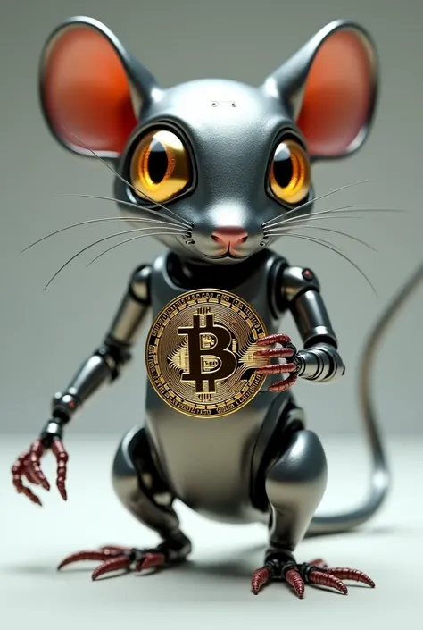 Create a leg rat, one crossed with a gold-colored eye and the other a silver one with a metal body part and a bitcoin in your hand.