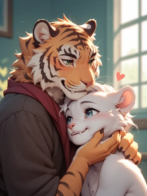 furry petit tiger couple , sweetie , First Love , (Gently Bite the cheek) , euphoria , heart is beating fast , soft light