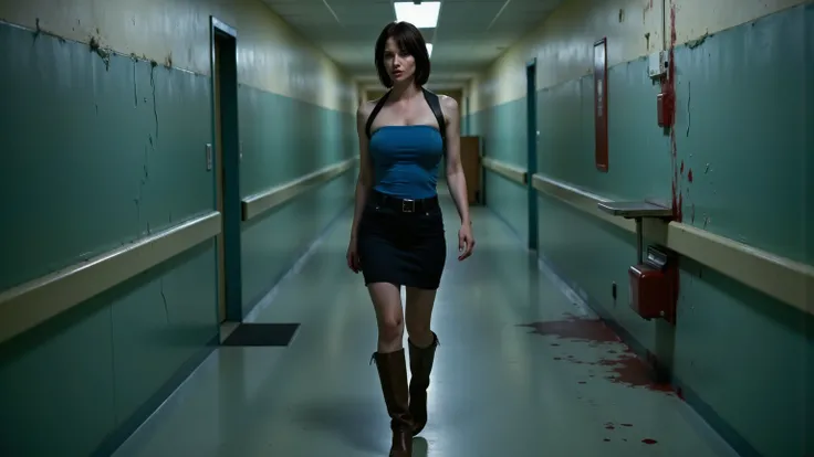 jill valentine with short black hair is depicted wearing a strapless blue tank top, a black miniskirt, and brown knee-high boots. She faces the camera while walking, her expression serious and contemplative, with an undertone of distress. The setting is an...