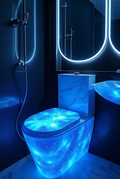 Design a futuristic bathroom featuring a glowing toilet in a vibrant blue nebula pattern, accented with white marble details on the edges. The walls should be dark with hints of shimmering blue, mimicking a night sky. Add chrome faucets, backlit LED mirror...