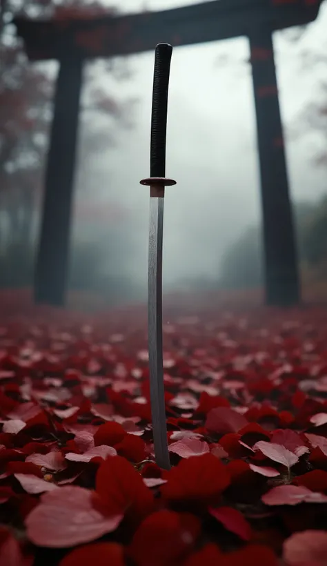 
[A katana, standing upright in a bed of crimson autumn leaves, beneath a traditional Japanese torii gate shrouded in mist. The scene is serene yet subtly ominous, conveying a sense of quiet contemplation and hidden power.], [Camera: Medium shot, shallow d...