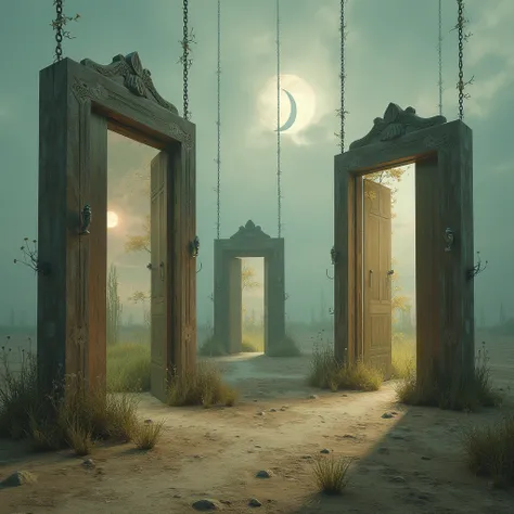 surreal and abstract photo of multiple open ancient wooden doors, showing a different place inside them, flowers with long stalks are crawling out of the open doors, the doors are standing in a strange desolate place, the mysterious sky is painted and the ...