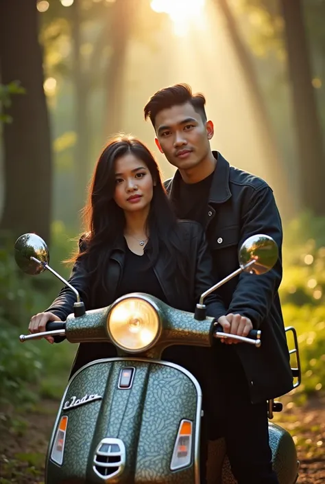 professional photography image, masterpiece, confident and charming Indonesian couple, romantic, 2, natural make up, she with long dark black hair trendy hair, he with short trendy hair, wearing modern clothing, jacket semi parka with black color, around a...