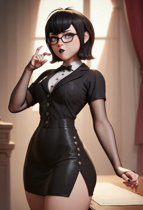       Mavis Dracula short black hair blue eyes black lips big boobs and the man's healed thick thighs big white blouse with buttons black skirt wearing glasses sexy teacher posing sexy big boobs abdomen healed thick thighs doing sensual pose