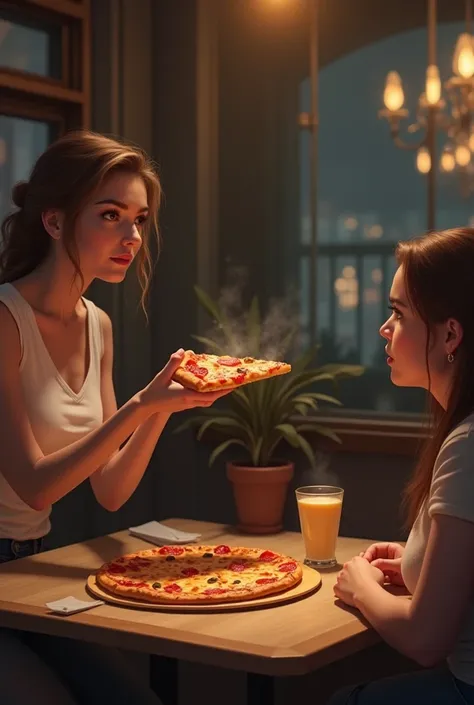 She offered her fat friend a slice of pizza and tempted her in the restaurant