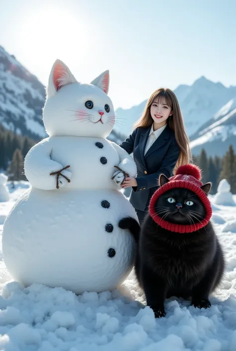 sexy beautiful japanese woman wearing a self-defense officer uniform (navy blue Tailored Jacket and  White shirt and navy blue tie and short sleeve and navy blue and pencil skirt and beige gloves and  black boots :1.5), 1 human-like giant black cat\( human...