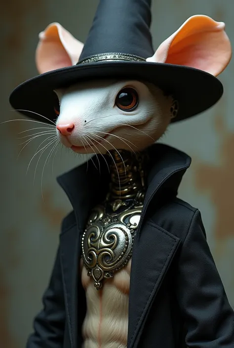 Create a rat part wrong part robot mouse with a black hat and a white mask with a silver and gold tattoo on the chest and eye