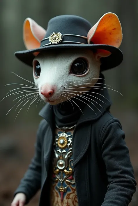 Create a rat part wrong part robot mouse with a black hat and a white mask with a silver and gold tattoo on the chest and eye