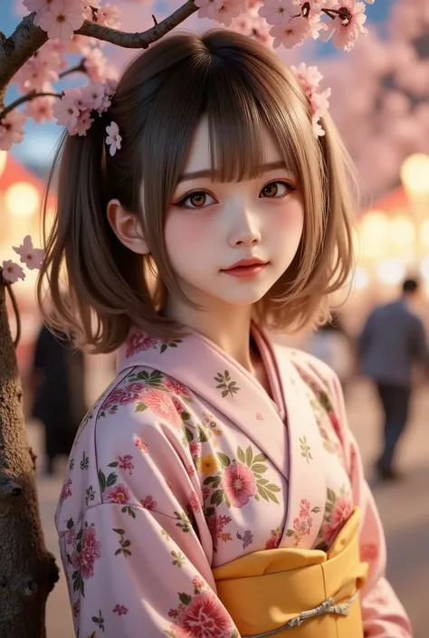 masterpiece, best quality, ultra-detailed, photorealistic depiction, intimate and cinematic composition, a blushing girl in a floral-patterned yukata with intricate embroidery, her shy expression captured with lifelike precision, soft, short dark brown hai...