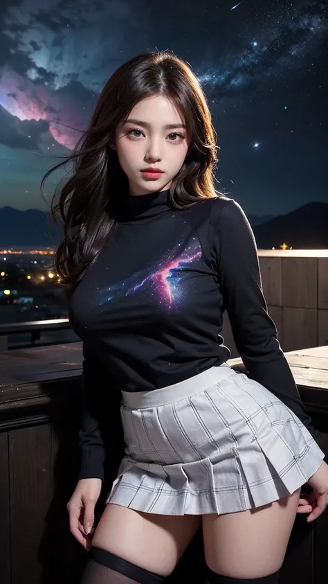 ai_kase, (A clear night sky with multiple nebulae clearly visible:1.2), (A beautiful girl looking at a nebula from the rooftop of a skyscraper), (Beautiful girl standing by the rooftop fence), (She is wearing a Color block crew neck sweater:1.3), break, (H...