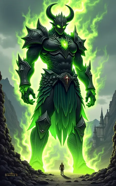 Armored, green fire elemental, medieval rpg, comics style, Anime, Illustration, 