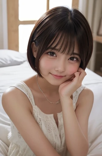      cute 女の子   、      short hair that reaches the shoulders 、smile、      sad、shy、   cute 、      bed、Light clothing、      clear      、         beautiful eyes   、20 years old、 slightly angry face、     Plump cheeks  、      crying、 私の目は crying 