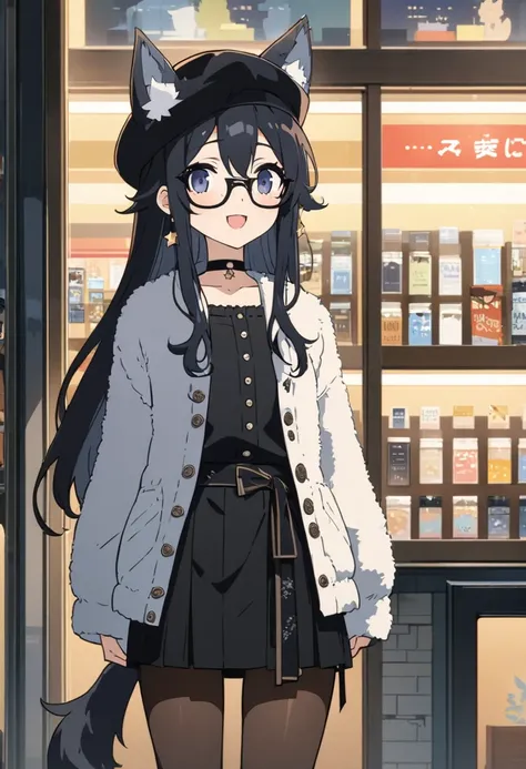  cute Scandinavian boy 、Middle Frame、Glasses、 black hat with buttons 、 fluffy jacket 、 black shirt 、 black skirt 、 pantyhose、 Star Earrings 、 black eyeshadow、 open your mouth and smile 、Inside the bookstore at night 、 standing in front of a large glass sho...