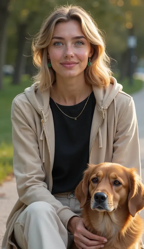  Photorealism, 4K, The girl в модном топике sitting facing the camera, on a walk with her dog .  The girl looks very attractive and well-groomed. She has a pleasant, prepossessing appearance. The overall impression of her is elegance and professionalism.  ...