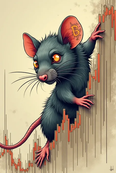 Create a rat climbing the bitcoin chart filled with a tattoo like a cropped ear with a serious face and a mask