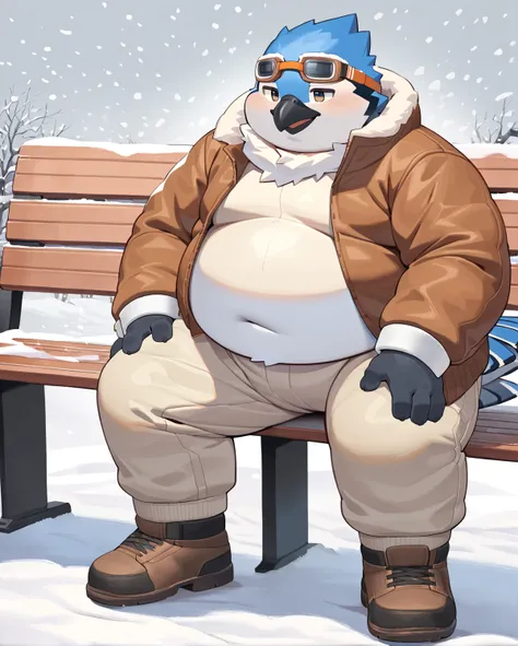 An anthro furry blue jay bird, chubby body, fat cheeks, neck fur(white), medium beak(gray), white eyebrows(white), wearing winter gray pants, wearing white cuffs(big wrist), style by moki, male, fullbody, masterpiece, realistic design, ultra quality, perfe...