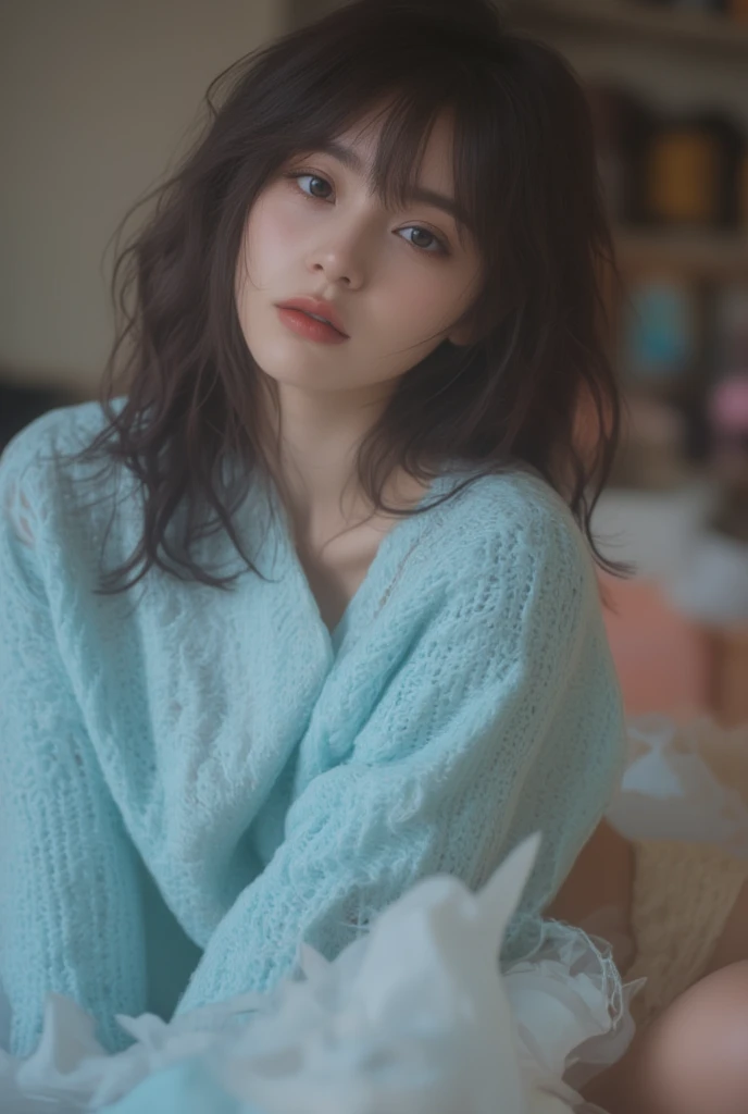 8k, masterpiece, highest quality, Surrealism, Low-angle, close-up.  Dark hair, bangs, fair skin, delicate features.  Oversized light blue sweater, off-the-shoulder, light beige underwear. Kneeling, face turned towards camera. Blurred, indoor, soft lighting...