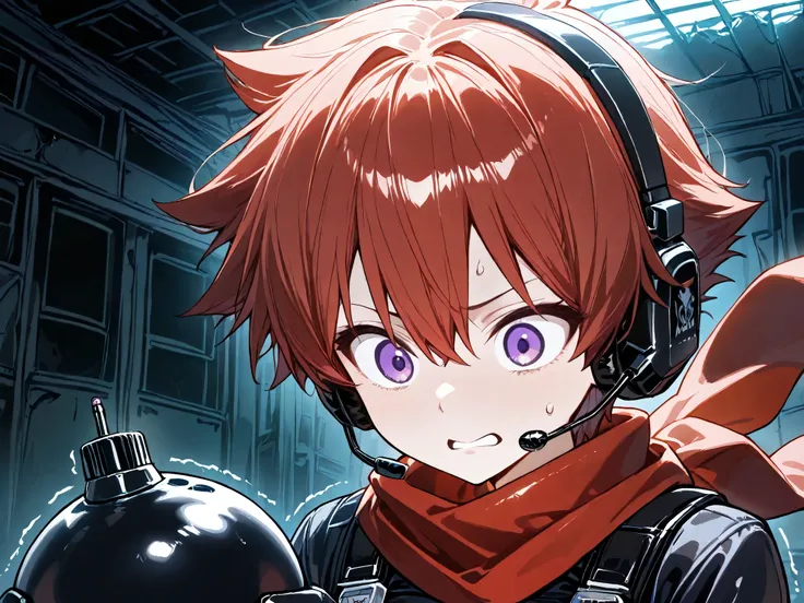 (Rulax: short hair, red hair, wild hair ,purple eyes, black swat uniform, red scarf, man),(holding a bomb, headset with microphone), (nervous face, concerned, trembling with fear), (abandoned warehouse),(man, solo,1man),(Highly detailed, Absurdres, Anatomi...